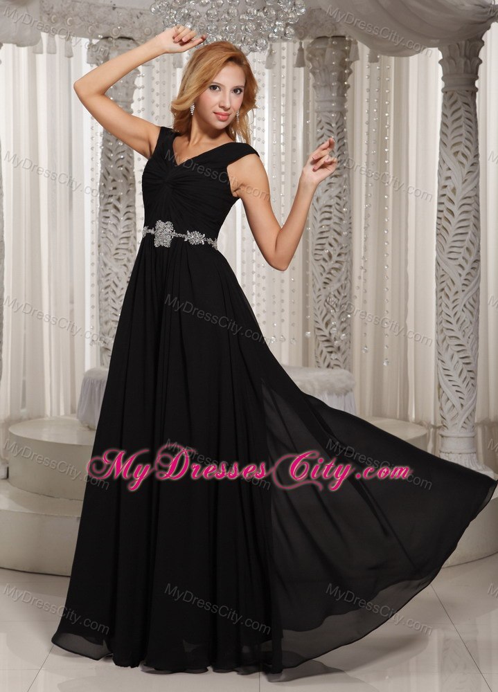 V-neck Black Floor-length Chiffon Beaded Belt Evening Dress