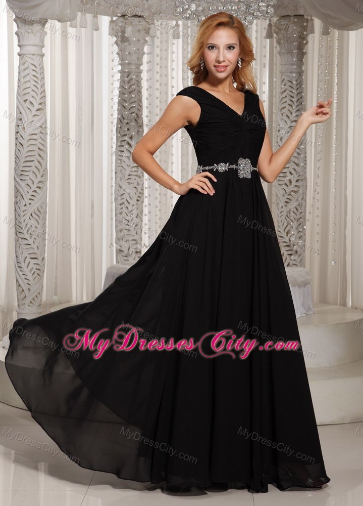 V-neck Black Floor-length Chiffon Beaded Belt Evening Dress