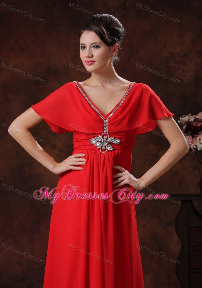 Red V-neck Chiffon Maxi Evening Dress With Short Sleeves