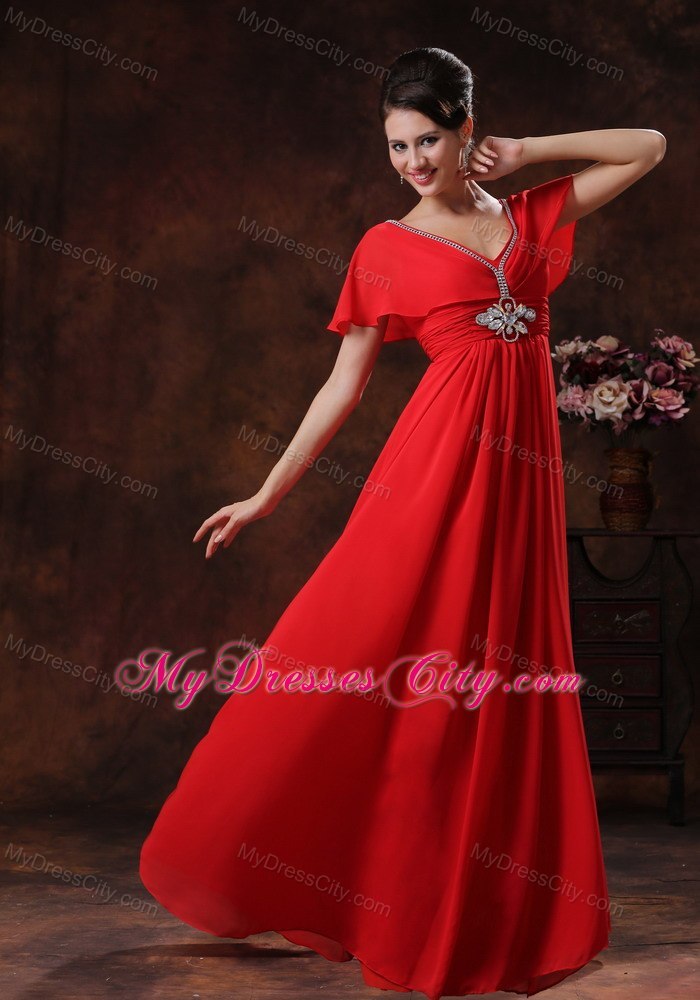 Red V-neck Chiffon Maxi Evening Dress With Short Sleeves