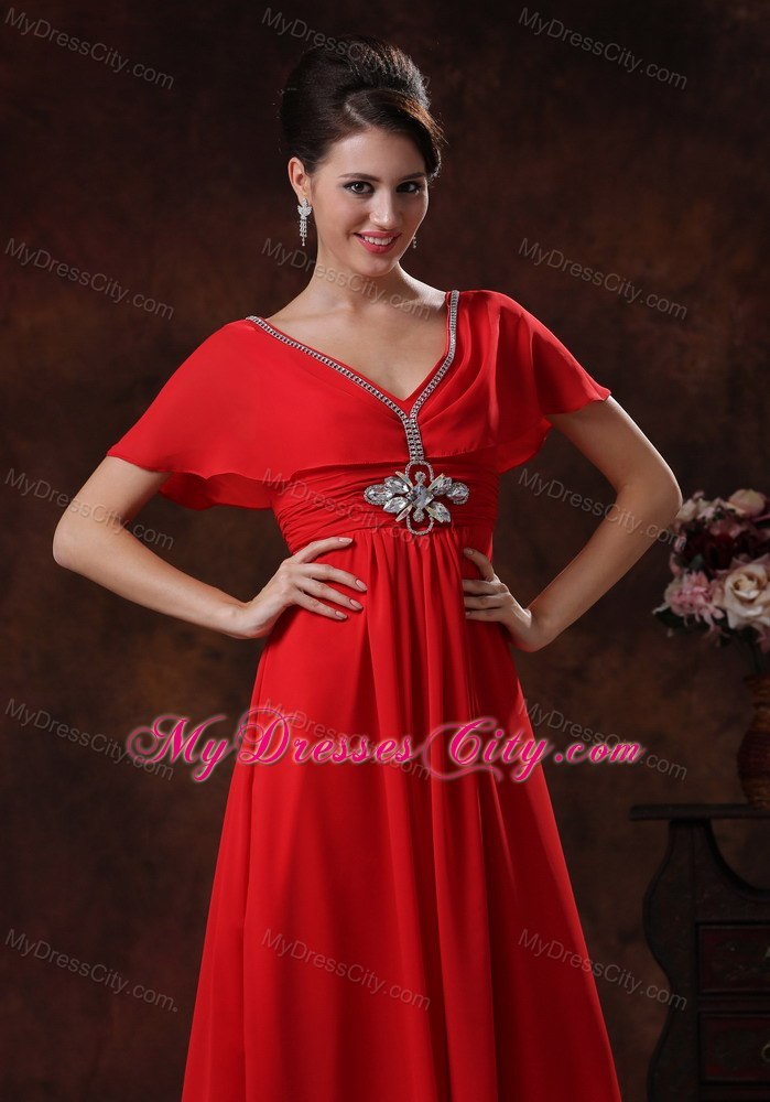 Red V-neck Chiffon Maxi Evening Dress With Short Sleeves