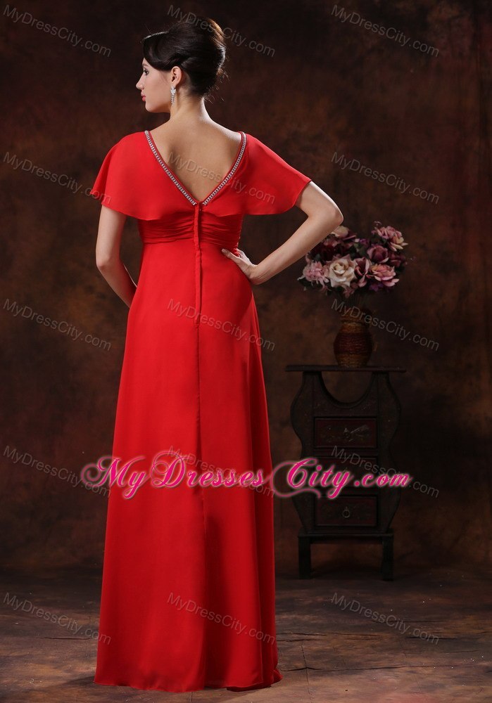 Red V-neck Chiffon Maxi Evening Dress With Short Sleeves