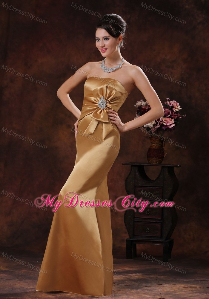 Champagne Beaded and Bow Decorate Evening Formal Gowns