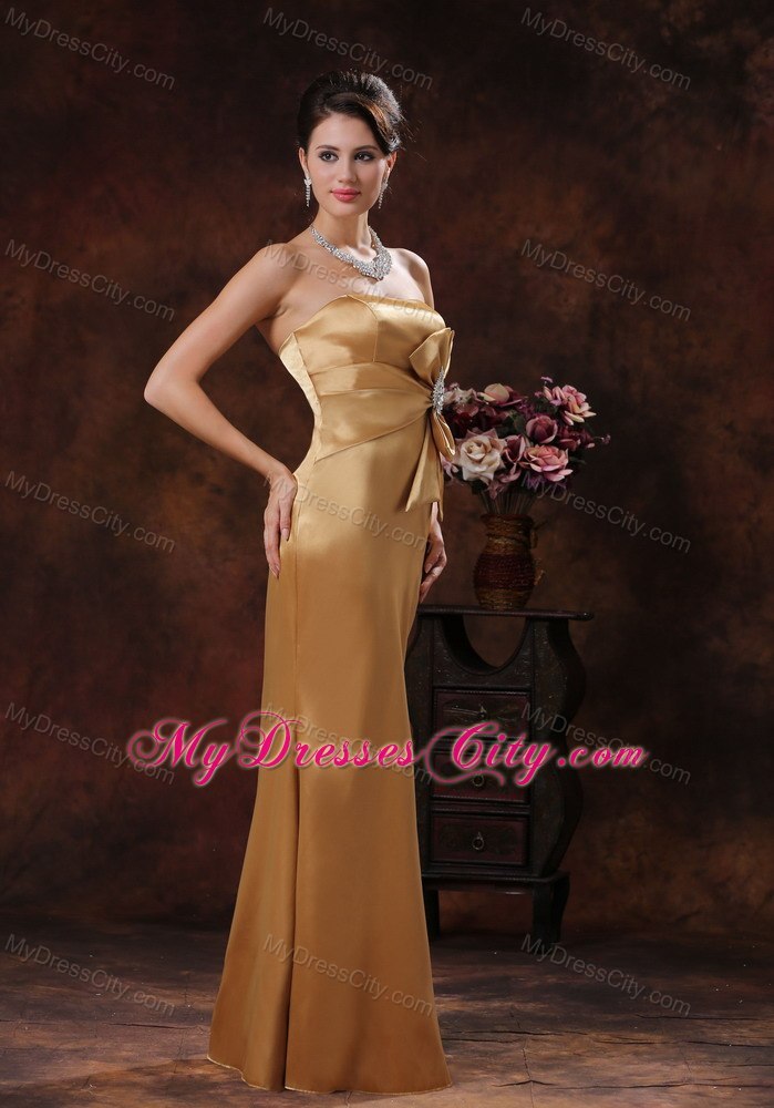 Champagne Beaded and Bow Decorate Evening Formal Gowns