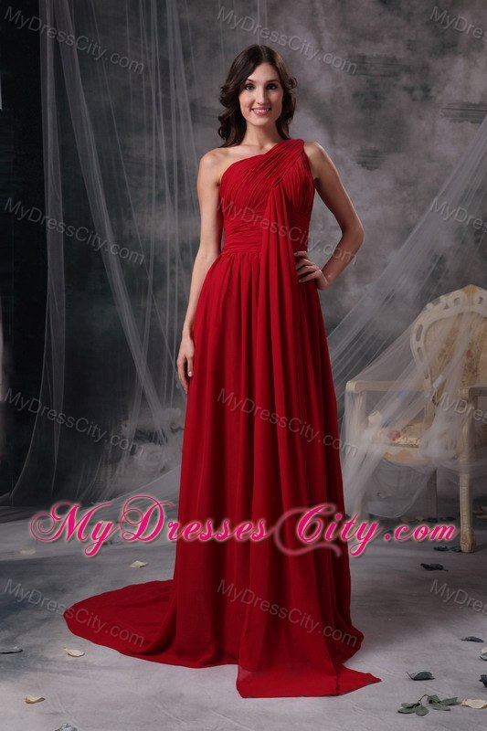 Latest Red Empire Ruches Evening Dress with Single Strap