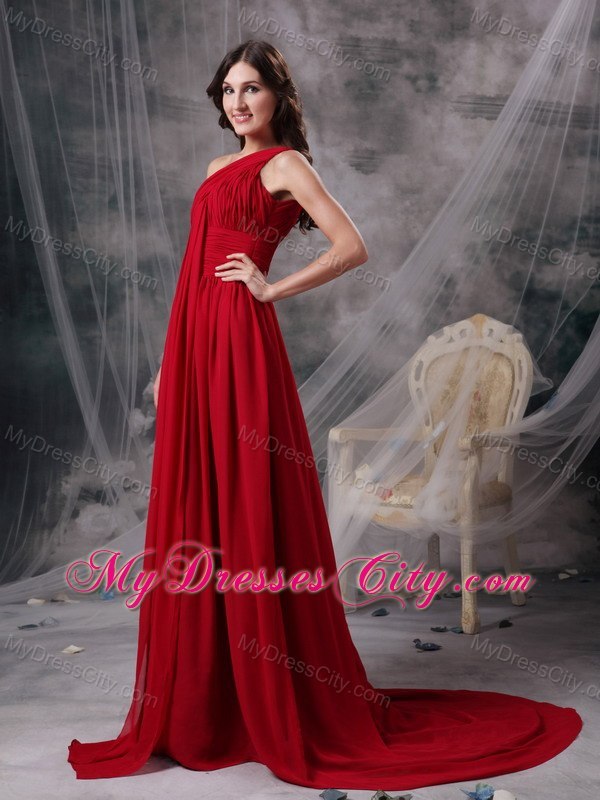 Latest Red Empire Ruches Evening Dress with Single Strap