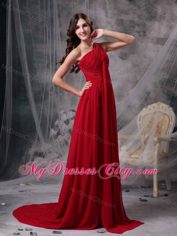 Latest Red Empire Ruches Evening Dress with Single Strap