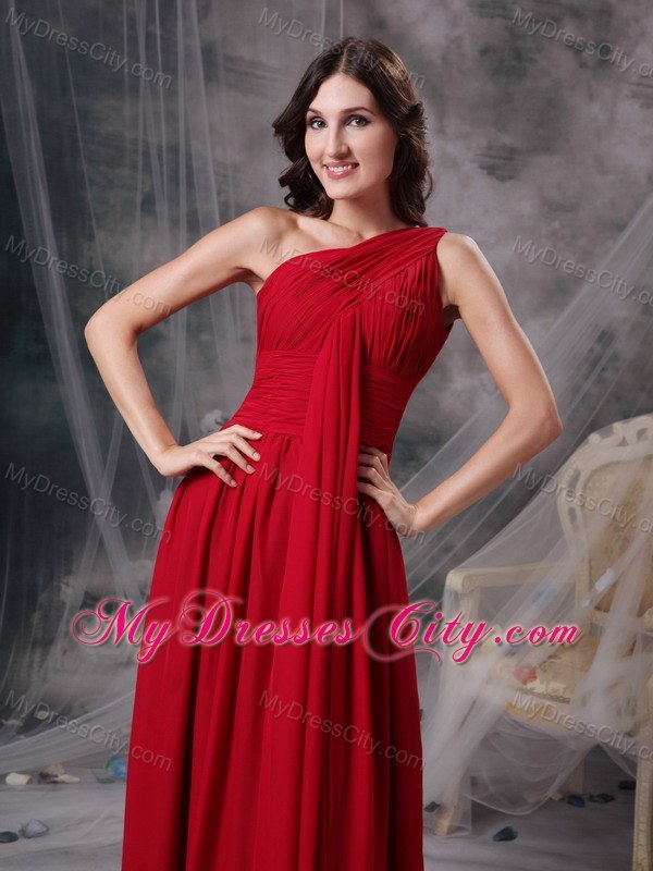 Latest Red Empire Ruches Evening Dress with Single Strap