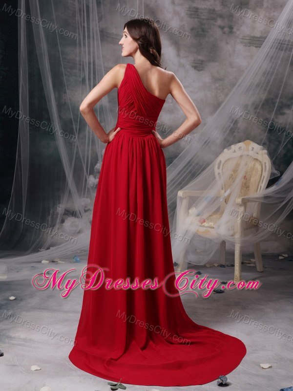 Latest Red Empire Ruches Evening Dress with Single Strap