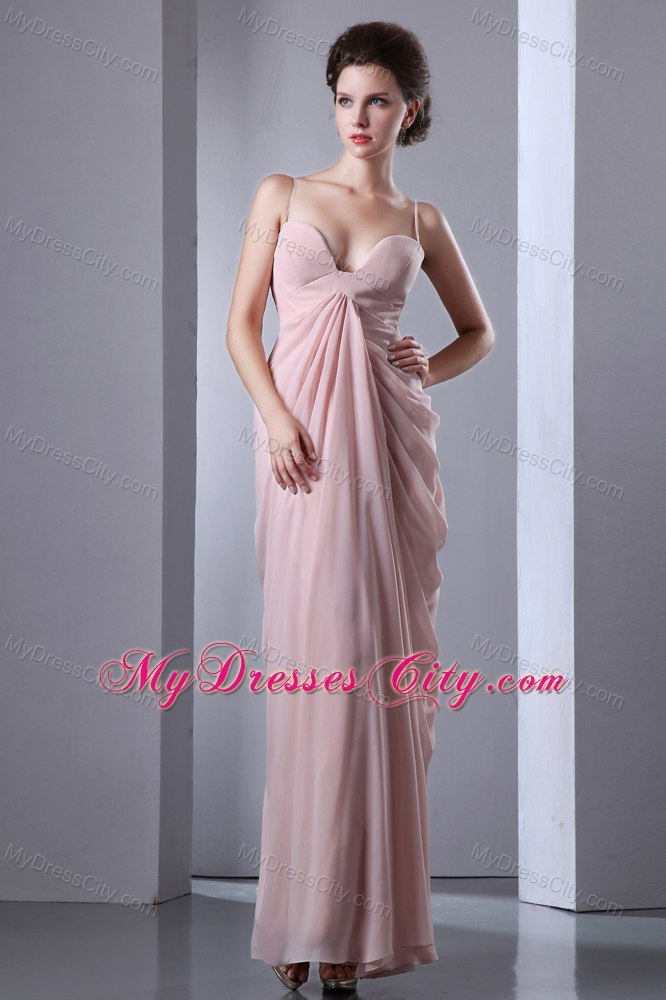 Baby Pink Ruches Evening Dress with Spaghetti Straps Chiffon