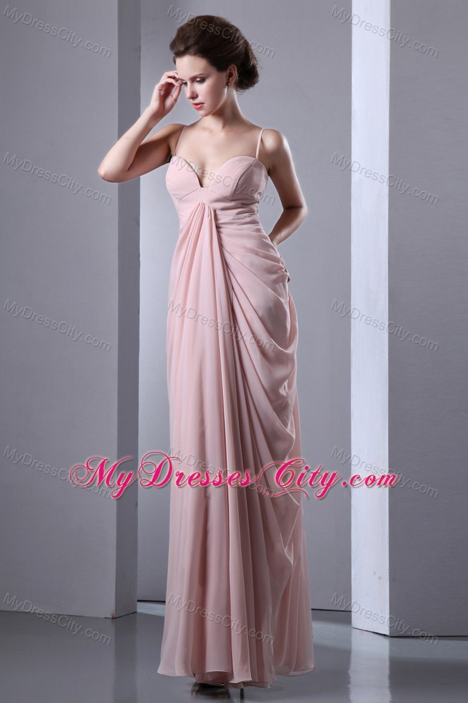 Baby Pink Ruches Evening Dress with Spaghetti Straps Chiffon