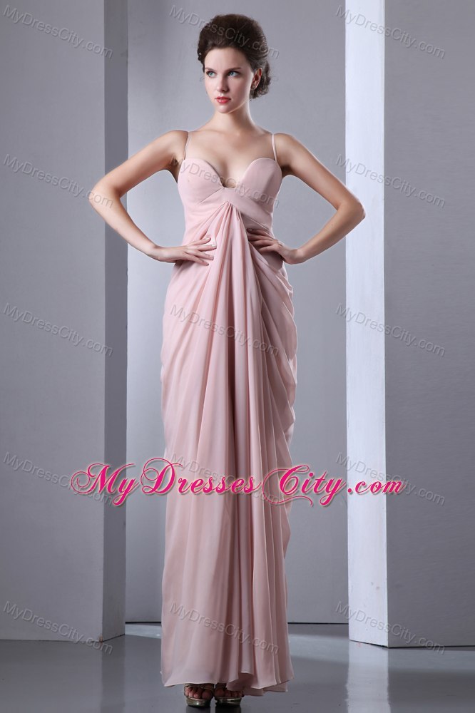 Baby Pink Ruches Evening Dress with Spaghetti Straps Chiffon