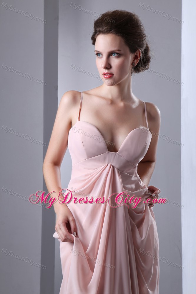 Baby Pink Ruches Evening Dress with Spaghetti Straps Chiffon