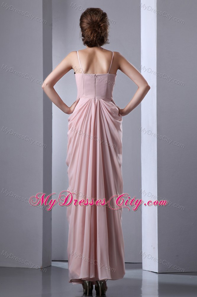 Baby Pink Ruches Evening Dress with Spaghetti Straps Chiffon