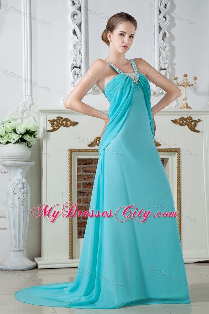 Aqua Straps Chiffon Beaded Evening Dress with Brush Train