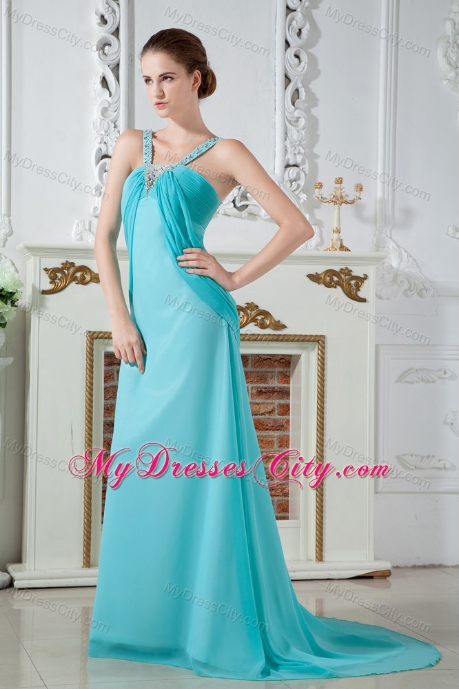 Aqua Straps Chiffon Beaded Evening Dress with Brush Train