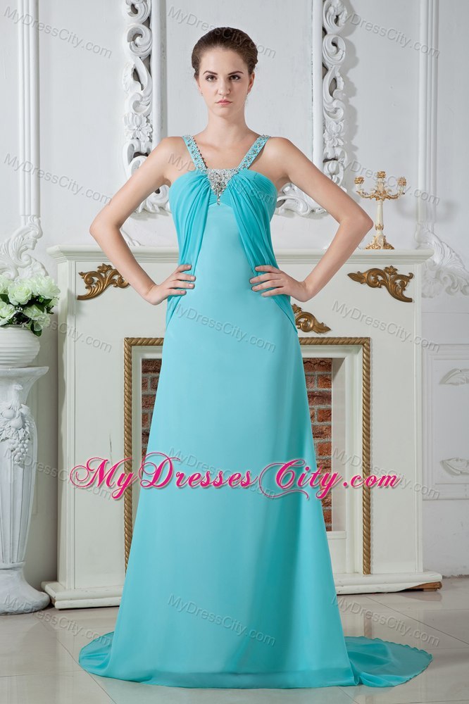 Aqua Straps Chiffon Beaded Evening Dress with Brush Train