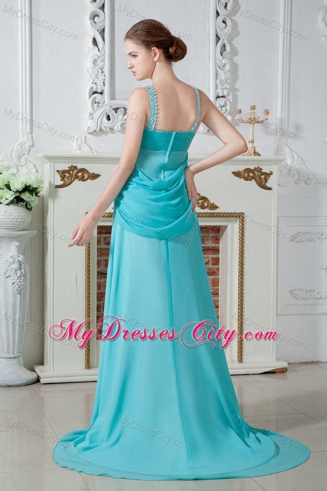 Aqua Straps Chiffon Beaded Evening Dress with Brush Train