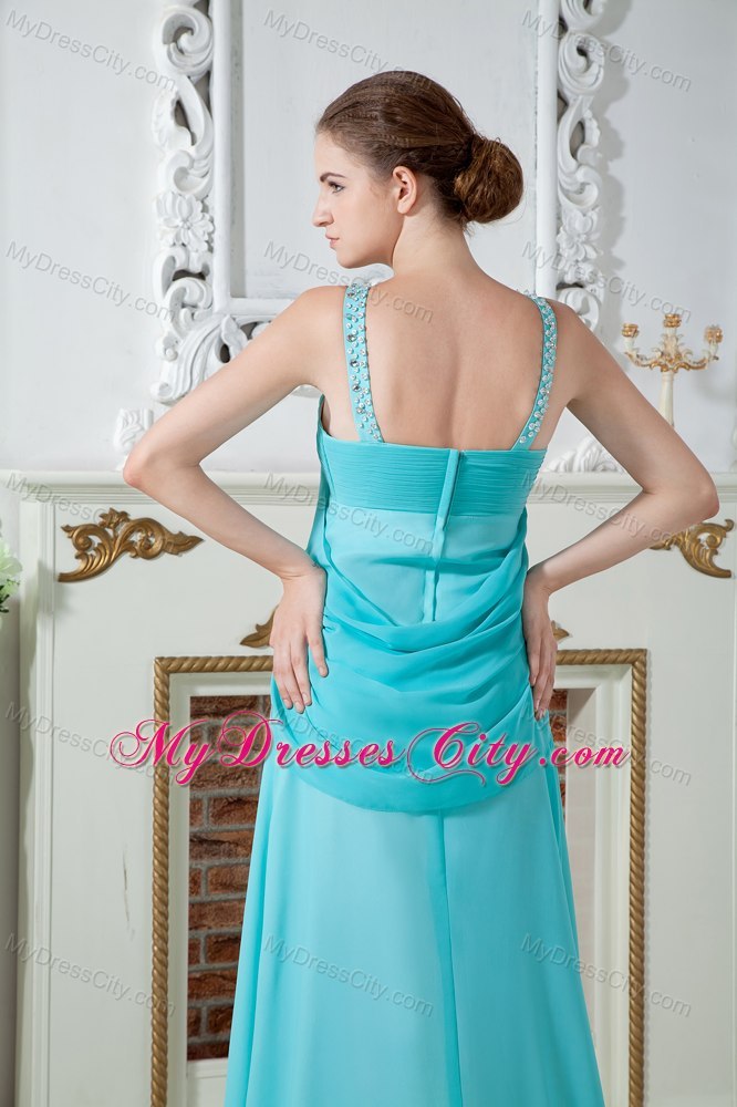 Aqua Straps Chiffon Beaded Evening Dress with Brush Train