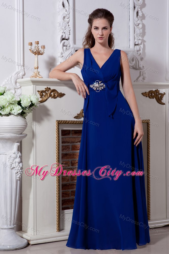 Chiffon Royal Blue V-neck Long Beading Prom Evening Dress