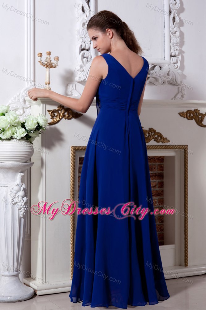 Chiffon Royal Blue V-neck Long Beading Prom Evening Dress