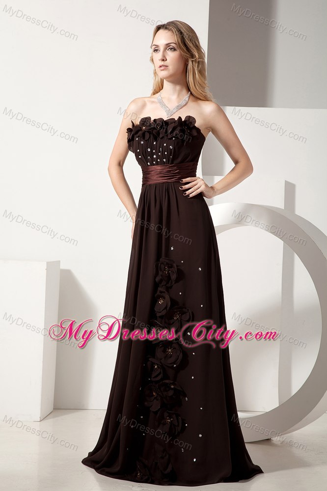 Brown Brush Train Chiffon Beading and Appliques Evening Dress