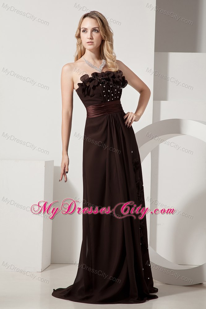 Brown Brush Train Chiffon Beading and Appliques Evening Dress