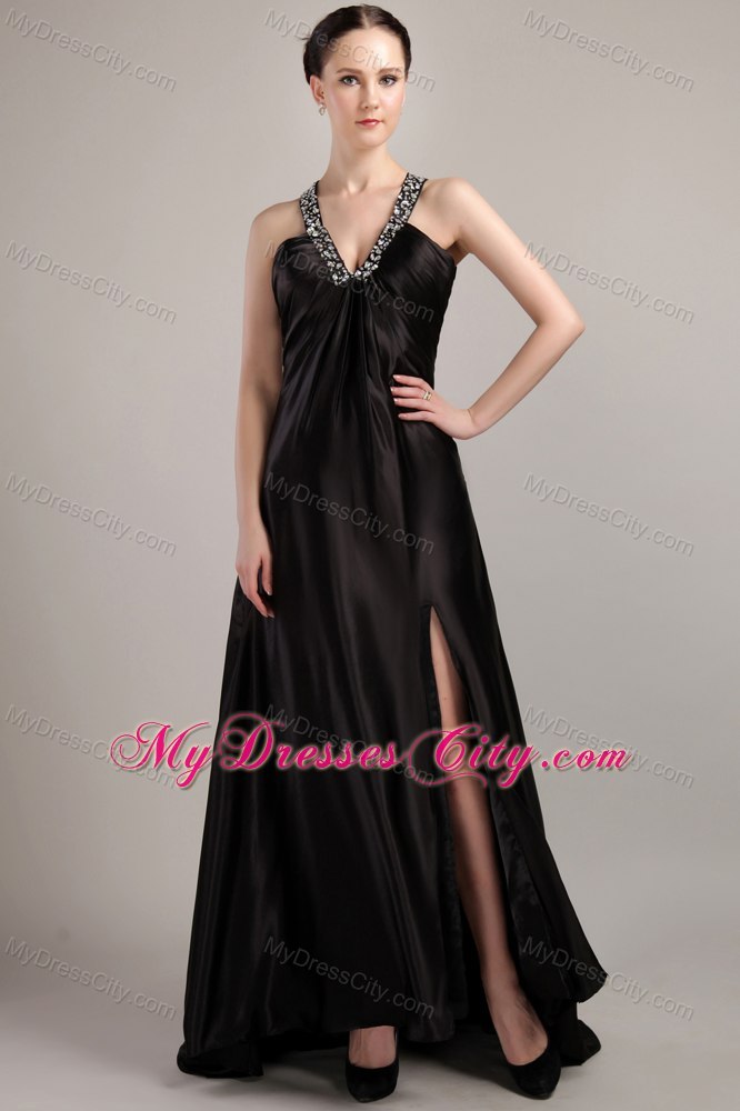 Beaded V-neck Black Silt Criss Cross Evening Formal Gowns