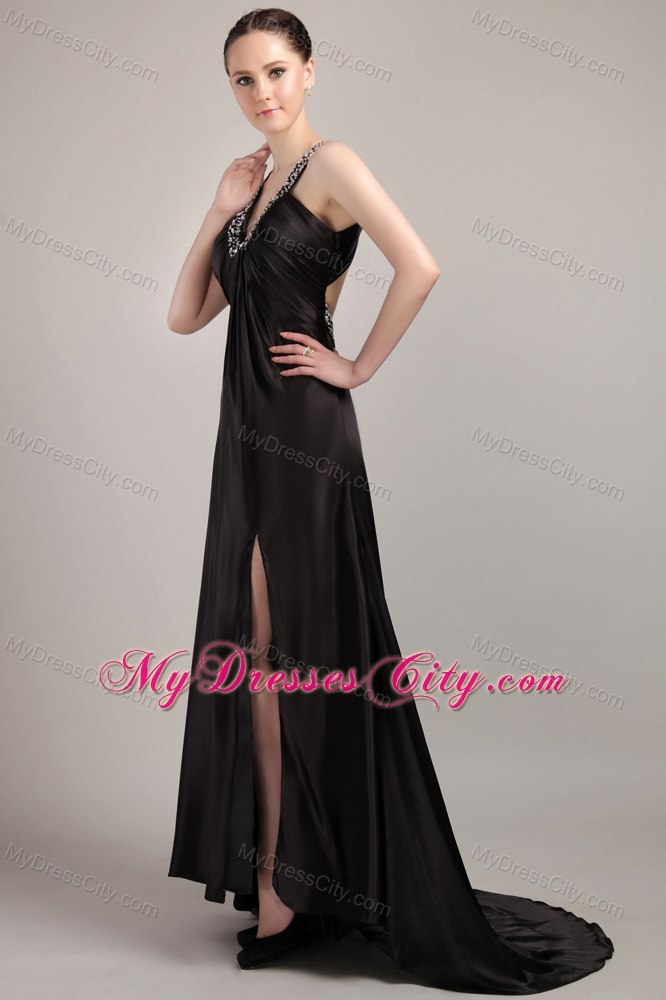 Beaded V-neck Black Silt Criss Cross Evening Formal Gowns