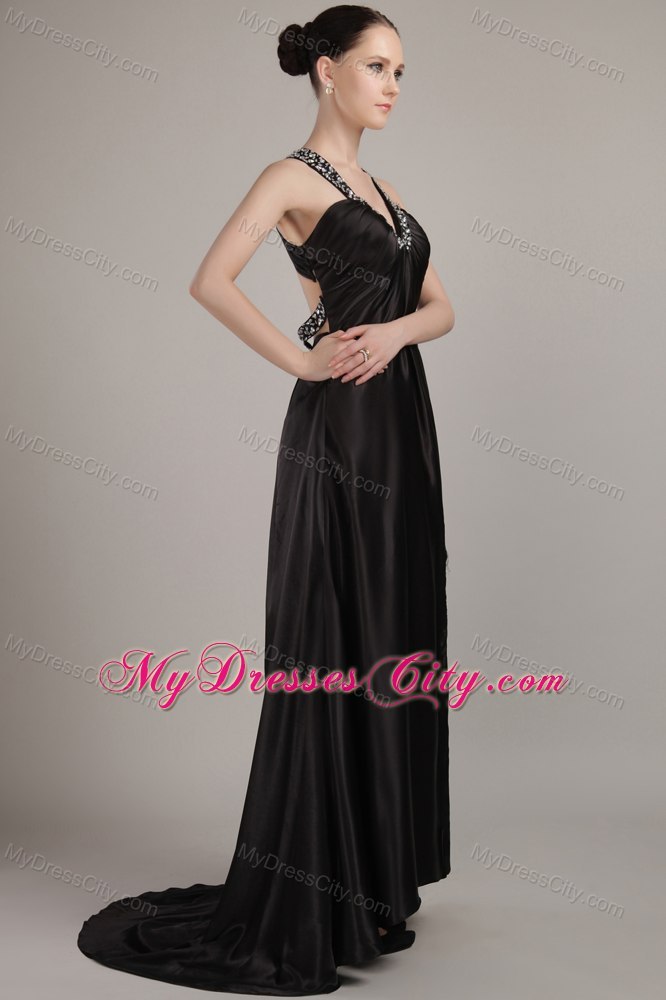 Beaded V-neck Black Silt Criss Cross Evening Formal Gowns