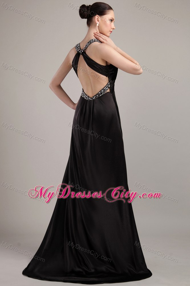 Beaded V-neck Black Silt Criss Cross Evening Formal Gowns