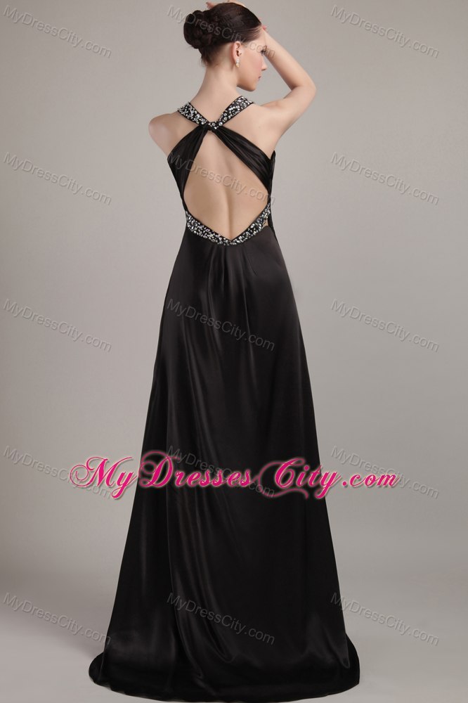 Beaded V-neck Black Silt Criss Cross Evening Formal Gowns