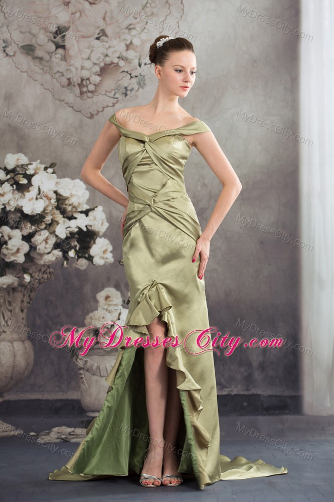 Olive Green Column Off the Shoulder Silt Prom Evening Dress