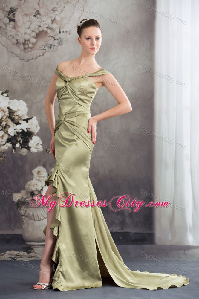 Olive Green Column Off the Shoulder Silt Prom Evening Dress