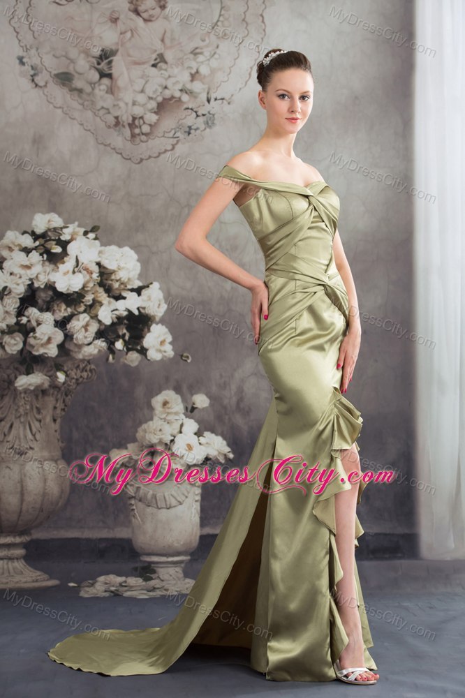 Olive Green Column Off the Shoulder Silt Prom Evening Dress