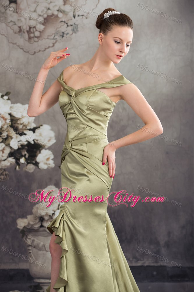 Olive Green Column Off the Shoulder Silt Prom Evening Dress