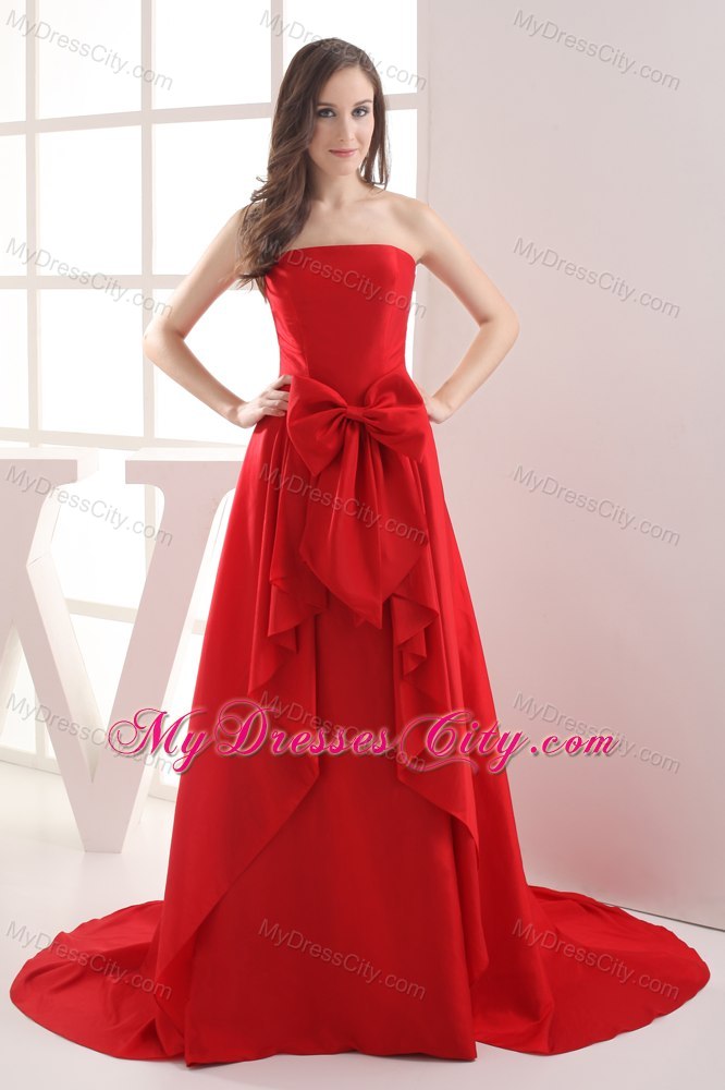 Strapless Bowknot Brush Train Taffeta Evening Dress in Red