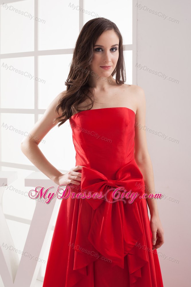 Strapless Bowknot Brush Train Taffeta Evening Dress in Red