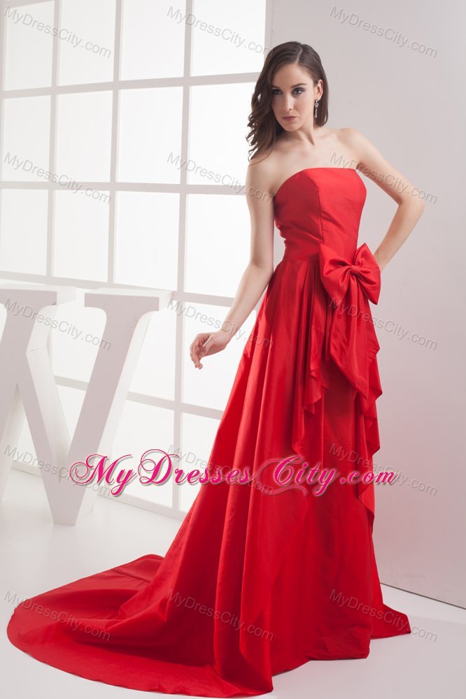 Strapless Bowknot Brush Train Taffeta Evening Dress in Red