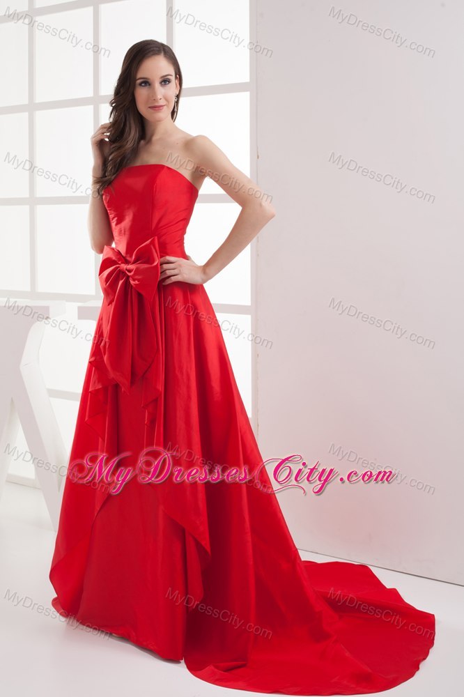 Strapless Bowknot Brush Train Taffeta Evening Dress in Red