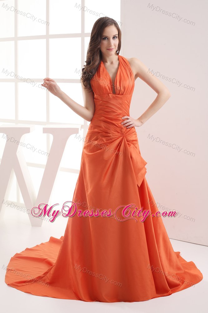 Halter Top Ruches Orange Court Train Evening Party Dresses