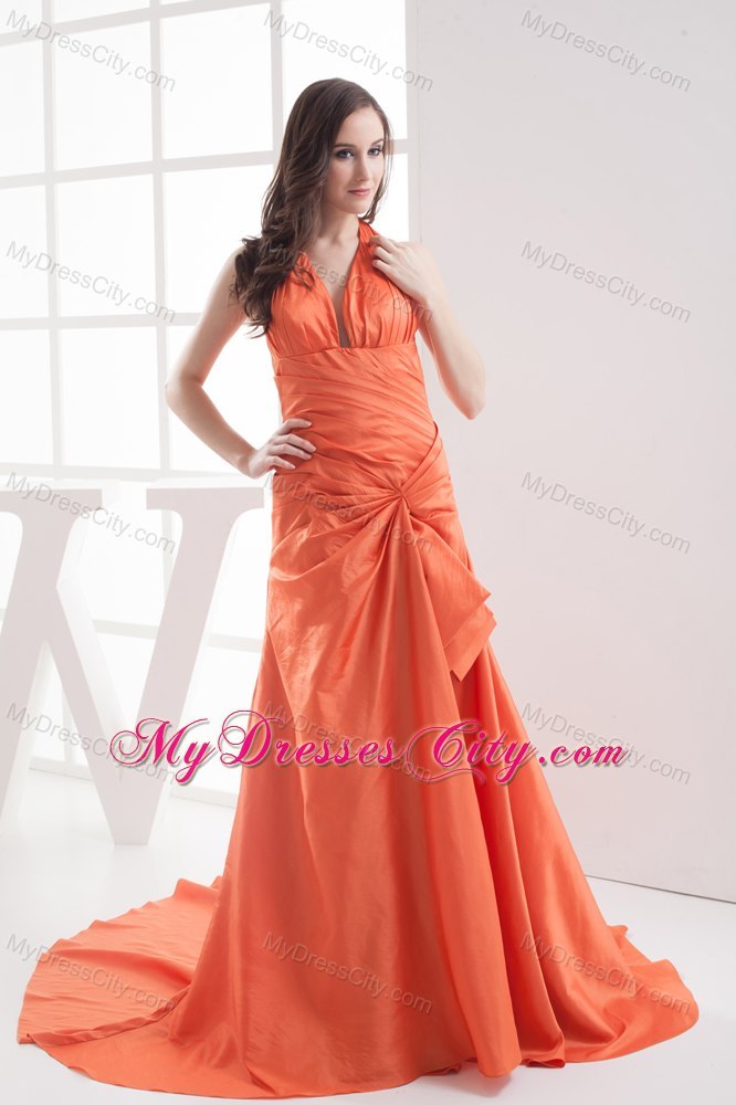 Halter Top Ruches Orange Court Train Evening Party Dresses