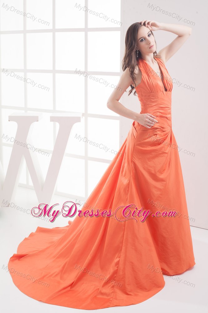 Halter Top Ruches Orange Court Train Evening Party Dresses