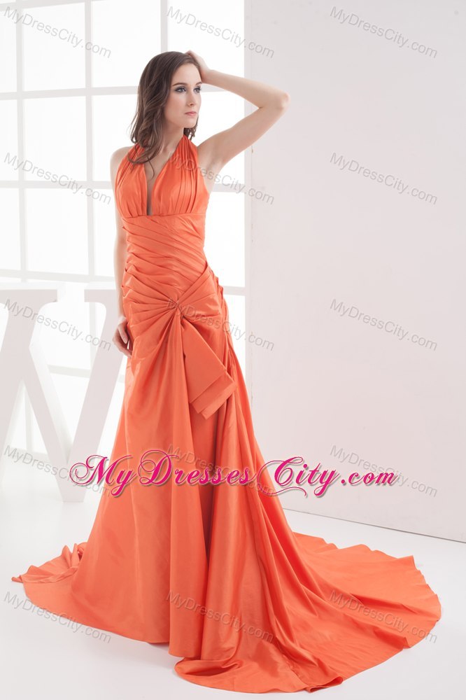 Halter Top Ruches Orange Court Train Evening Party Dresses