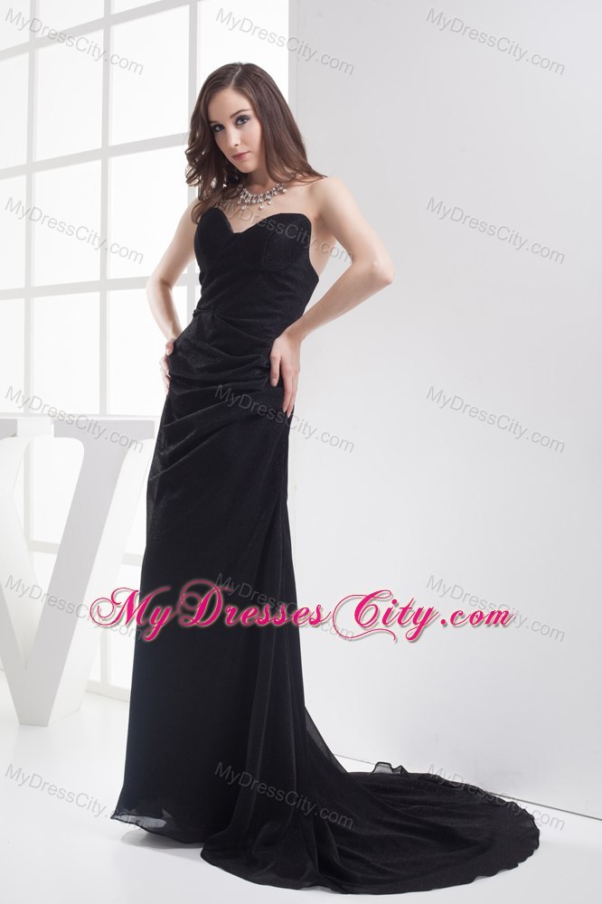 Sweetheart Black Brush Train A-line Evening Dress with Ruches