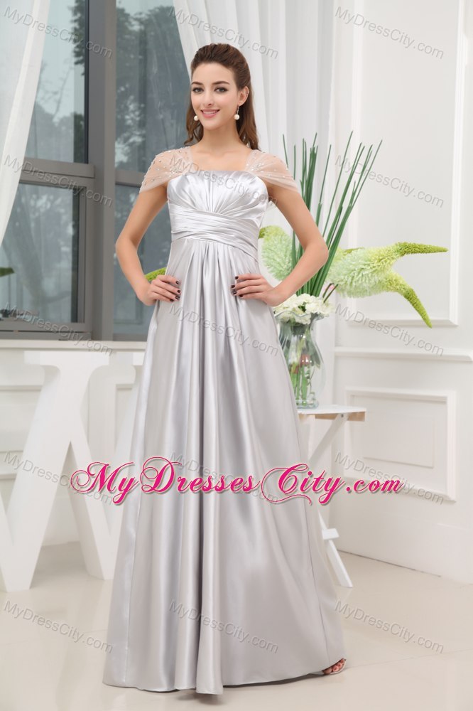 Grey Ruches Beading A-line Cap Sleeves Prom Evening Dress