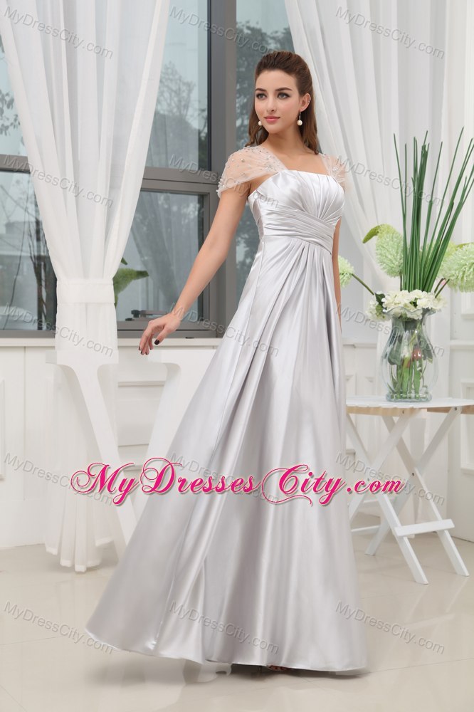 Grey Ruches Beading A-line Cap Sleeves Prom Evening Dress