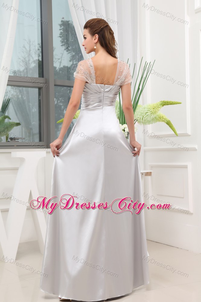 Grey Ruches Beading A-line Cap Sleeves Prom Evening Dress