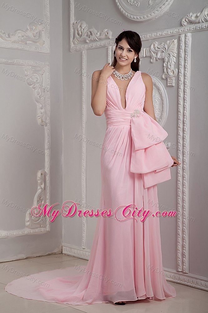 Baby Pink V-neck Homecoming Dress with Beading and Court