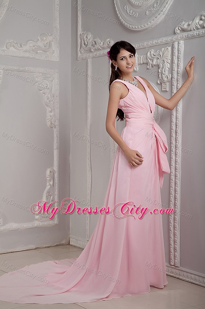 Baby Pink V-neck Homecoming Dress with Beading and Court